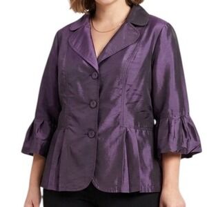 Piano Women Purple Iridescent Featherweight Pleated Peplum Jacket Blazer Chic XL